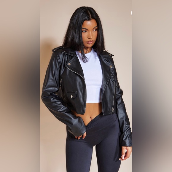 PrettyLittleThing Black Basic Faux Leather Biker Jacket Size 12 - Picture 1 of 8
